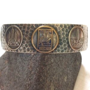 1934 Chicago Worlds Fair Cuff Bracelet Souvenir hammered silvertone